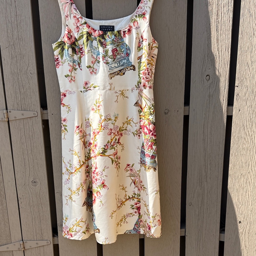 Silk Spenser Jeremy Garden Party Sleeveless Midi Dress Cream, Pink, Green Floral
